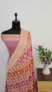 Sari authentique en soie Georgette Khaddi pure de Banarasi, teinture au pinceau Rangkaat, bordure richement brodée Waterzari, tissé à la main, traditionnel, pour les fêtes - Product Image 2