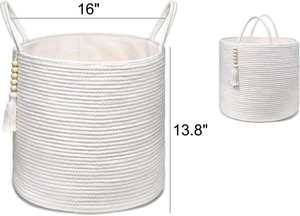Panier de rangement tressé avec décorations en perles de bois, en corde de jute naturelle, avec poignées, pour couvertures, jouets, vêtements, plantes - Product Image 2