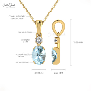 Pendentif en aquamarine naturelle 7x5mm et diamant avec collier en or massif 14 carats, vente en gros, bijoux de mariage - Product Image 6