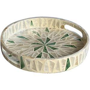 Bandeja de servir redonda ecológica con incrustaciones de nácar, bandeja decorativa de lujo con mosaico de nácar y asas para mesa de centro o otomana. - Product Image 1