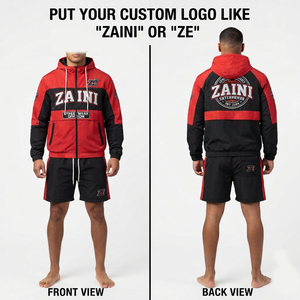 Conjunto Deportivo Corto Premium de Poliéster 110 GSM, Cortavientos con Paneles en Bloques de Color Rojo y Negro, Logotipo Personalizado con Serigrafía, con Capucha - Product Image 1