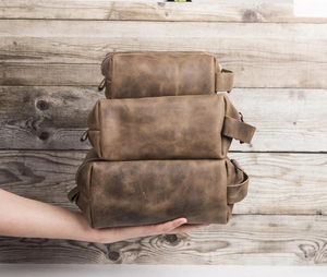 Genuine Leather Toiletry Bag Vintage Style Zipper Closure Soft Handle Large Capacity Cosmetic Travel <b>Case</b> for Men and Women - Product Image 2