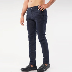 Pantalon Oxford en coton écologique léger bleu marine coupe droite pour homme, taille mi-haute, braguette boutonnée, devant plat, style décontracté chic - Product Image 1