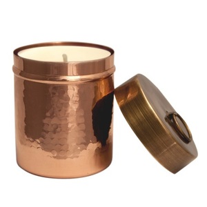 Pot à bougie parfumée en cuivre martelé à la main avec couvercle et anneau de traction en laiton antique |   Boîte en métal de luxe pour la fabrication de bougies DIY - Product Image 1