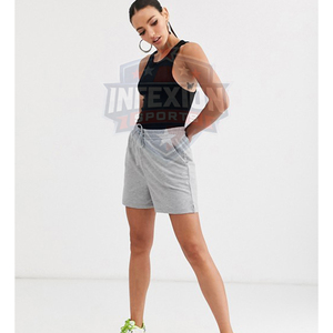 Women High Waist Gray Cotton Knitted Shorts With Drawstring And Pockets Casual Sporty Style - Product Image 3