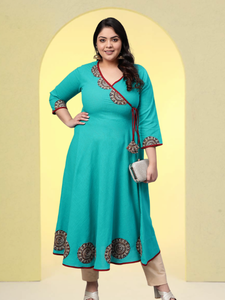 Womens Teal Cotton Slub Patch Work Angrakha Style Anarkali Kurta With V Neck <b>Three</b> Fourth Sleeves Crafted For Global Ethnic Wear - Product Image 5