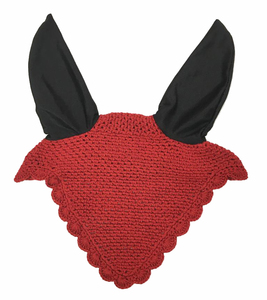 Voile anti-mouches rouge en crochet pour cheval, cache-oreilles noirs faits main, bonnet équestre rembourré doux et confortable, haute qualité pour l'équitation - Product Image 1
