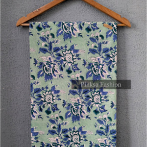 Block printed cotton Mint <b>Green</b> base with Indigo Blue and White floral accents. - Product Image 6