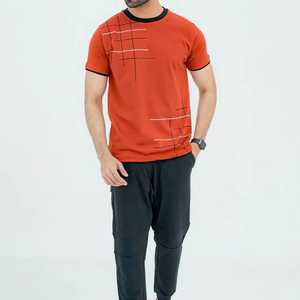 Camiseta de Manga Corta Naranja para Hombre con Patrón Geométrico, Ribete en Contraste, Corte Regular Informal, 100% Algodón Jersey, Cuello Redondo - Product Image 2