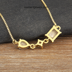 Gold Plated Stainless Steel Pendant Necklace Three Stone Charm <b>Chain</b> Necklace Pear Cut Princess Cut Diamond Jewelry for Women - Product Image 4