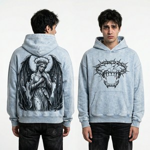 เสื้อฮู้ดดี้สีฟ้าอ่อนแบบย้อมสีสไตล์วินเทจ พิมพ์ลายรูปปั้น Fallen Angel สำหรับผู้ชาย สไตล์สตรีทแวร์ ทรงโอเวอร์ไซส์ ผ้าฟลีซ - Product Image 1