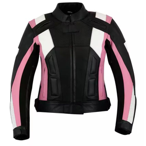 Blouson de moto unisexe en cuir respirant noir, rose et blanc, style motard décontracté, col montant, fermeture éclair - Product Image 1