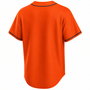 Camiseta de Béisbol Personalizada para Hombre, Color Naranja con Ribete Azul Marino, Apliques, Absorbe la Humedad, Cierre de Botones, Manga Corta, 100% Poliéster, 280gsm - Product Image 2