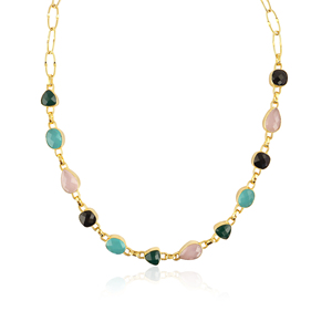 Collier de luxe multi-pierres ajustable, chaîne plaquée or 18 carats, chalcédoine et onyx taillés en forme de losange, bijoux en gros pour fournisseurs - Product Image 1