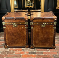 Ensemble de coffres en cuir marron avec clous en laiton, quincaillerie de verrouillage et coins de finition – Meubles vintage pour salon, bar à domicile, entrée, grande capacité