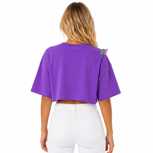 Camiseta Corta Morada para Mujer, con Estampado de Letras Personalizado, Cuello Redondo, Manga Corta, Corte Holgado, Informal, Primavera Verano, 100% Algodón - Product Image 3
