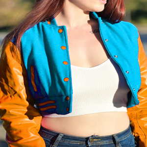 Veste courte de style universitaire pour femmes, bleu clair et orange, style bomber, manches en simili cuir, vêtements d'extérieur décontractés, mode féminine - Product Image 1