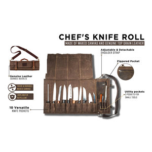 13 Pocket Chef Knife Roll Bag Waxed Canvas & Genuine <b>Leather</b> Knife Carrier for Chef Travel Friendly Culinary <b>Tool</b> Bags - Product Image 6