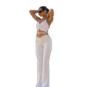 Streetwear sexy été deux pièces cordon ensemble dos nu blanc haut sans manches avec uni couleur unie flare ensembles en gros