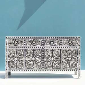 Handcrafted Bone Inlay <b>Console</b> <b>Table</b> <b>Black</b> White Geometric Pattern Bohemian Entryway Storage Cabinet Decorative Accent Furniture - Product Image 2