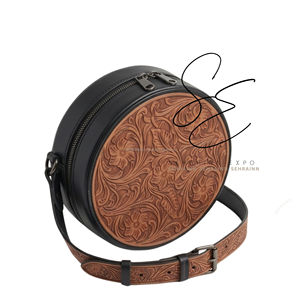 Western Genuine Leather Canteen Crossbody Bag Floral Tooled Round Purse Black <b>Handbag</b> Women - Product Image 1