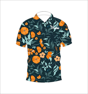 เสื้อโปโลสีส้มลายดอกไม้เขตร้อนแบบกำหนดเอง ระบายอากาศได้ดี น้ำหนักเบา เหมาะสำหรับทีมกอล์ฟ แขนสั้น ผลิตด้วยเทคนิคการระเหิดสี - Product Image 3