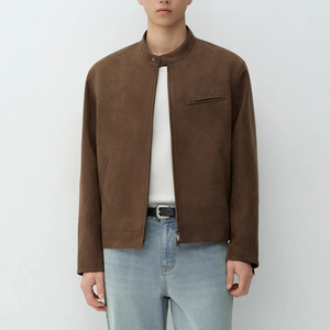 Men's <b>Black</b> Suede Bomber <b>Jacket</b> Stand Collar Zipper Closure Regular Fit Autumn Wear - Product Image 4