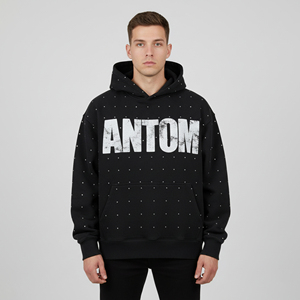 Sweat à capuche personnalisé pour homme, épais, avec strass, style streetwear, imprimé graphique oversize, noir, effet vieilli, livraison directe - Product Image 5