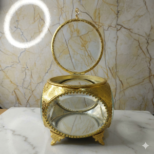 Handmade Gold Metal Round Glass Jewelry <b>Box</b> Vintage Decorative Mirror Base Keepsake Organizer Luxury Crystal <b>Trinket</b> Case - Product Image 1