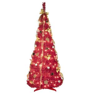 Árbol de Navidad Rojo de 6 Pies con 150 Luces LED Blancas Cálidas, 4 Cintas, Lazos, Flores, Copos de Nieve, Adornos de Pino, Decoraciones Navideñas - Product Image 6