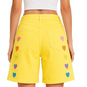 Shorts en jean pour femme, taille haute, coupe ample, ourlet retroussé, en coton, brodés de cœurs arc-en-ciel jaunes, style décontracté, mode été - Product Image 2