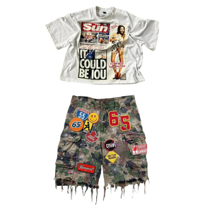 Hot Selling Custom Men <b>Y2K</b> Graphic T <b>Shirt</b> With Camo Patchwork Denim Distressed Shorts Sets Streetwear Style Summer Wear - Product Image 6