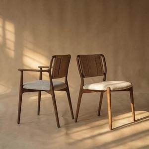 Nordic Teak Arm <b>Chair</b> with Woven Backrest Modern Upholstered <b>Dining</b> <b>Chair</b> for Luxury Contemporary Interior - Product Image 4