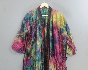 Robe kimono vintage tie-dye pour femme, longueur intégrale, manches trois quarts, col en V, tissage doux, 100% soie, vêtements de détente, printemps, taille XL adulte - Product Image 5