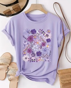 Women's Floral Heart Print 100% Cotton Short Sleeve Crew Neck T-Shirt Casual Spring Summer Wear Breathable Loose Fit - Product Image 1