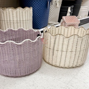 Wholesale Faux Rattan Wicker Storage <b>Basket</b> with Scalloped Edge, Decorative Organizer <b>Basket</b> for <b>Bathroom</b> Nursery Home - Product Image 3