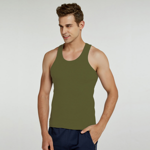 Camiseta sin mangas de punto con cuello redondo de color gris liso para hombre, ropa informal, camiseta deportiva de algodón acanalado personalizada para hombre - Product Image 4
