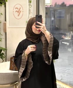 Elegant Black Abaya With Gray Ruffle Sleeves Modest <b>Long</b> Sleeve <b>Dress</b> <b>For</b> Women Daily Wear All Seasons Solid Color Loose Fit - Product Image 2