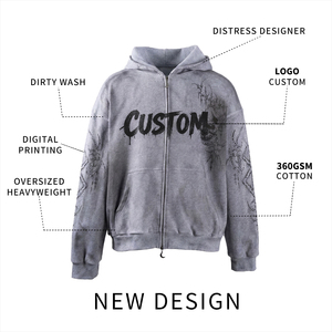 Sudadera con capucha unisex de algodón 100% personalizada, corte regular, lavado ácido, 370 g/m², con logo en la manga izquierda, estilo streetwear de invierno, con cremallera, de alta calidad. - Product Image 3