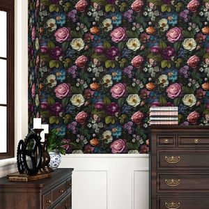 Papel Tapiz Autoadhesivo con Diseño Floral de Flores Negras, Rosas, Amapolas Blancas y Peonías, Fácil de Aplicar, Estilo Vintage - Product Image 3