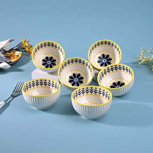 Japandi Style Unique Floral Patterned Porcelain Bowls <b>Set</b> of 6 Microwave Oven Safe <b>Clay</b> Material Salad Bowls for Home Decor - Product Image 6