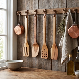 Juego de utensilios de cocina de madera de teca de grado alimenticio, 4 piezas, color marrón claro, natural, duradero, ecológico, espátula, cuchara perforada y cuchara volteadora. - Product Image 4