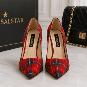 Vente en gros de chaussures pour femmes, escarpins à talons aiguilles en tartan écossais, bout pointu, chaussures à carreaux, logo personnalisé, chaussures OEM - Product Image 4