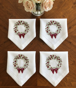 Servilleta DE CORONA DE Navidad de tela de lino personalizada, servilleta de cena con lazo rojo bordado, Hemstitch, hogar, Hotel, vacaciones, uso en la cocina - Product Image 1