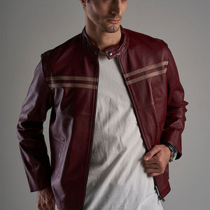 <b>Men's</b> Red Cow <b>Leather</b> Moto <b>Jacket</b> Stand Collar Zipper Closure Regular Sleeve Autumn Biker Style Solid Color <b>leather</b> moto <b>jacket</b> - Product Image 6