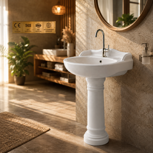 Lavabo sur pied ovale traditionnel avec drain, capacité 12L, robinet à levier monotrou, montage au sol, certifié NSF pour salle de bain - Product Image 6
