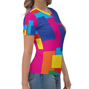 Camiseta de Manga Corta para Mujer, con Bloques de Color, Estampada, Cuello Redondo, Corte Regular, Informal, 100% Poliéster Tejido, para Todas las Temporadas - Product Image 4