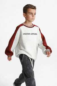 เสื้อสเวตเชิ้ตคอกลมแขนยาวทรงหลวมพิมพ์ลายเรียบง่ายสำหรับเด็กผู้ชาย ONETEN สีขาวแดง เหมาะสำหรับใส่ในฤดูหนาว - Product Image 1