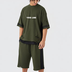 Hot Sale 100% Cotton Oversized Men's 2-Piece T-Shirt Shorts Set Solid Printed Eco-Friendly Distressed Streetwear Plus Size - Product Image 1