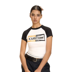 Camiseta Corta de Manga Raglán Blanca y Negra para Mujer, Cuello Redondo, Manga Corta, Algodón Jersey, Impresión de Logotipo Personalizado, Informal, Primavera Verano - Product Image 1